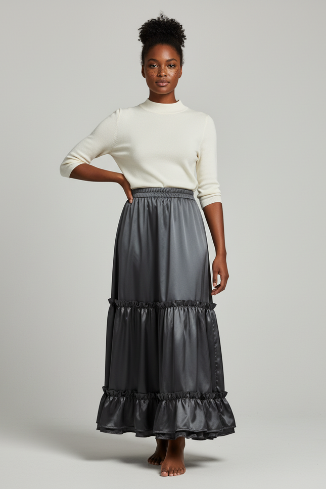 Jupe Longue Satinée Fluide À Volants