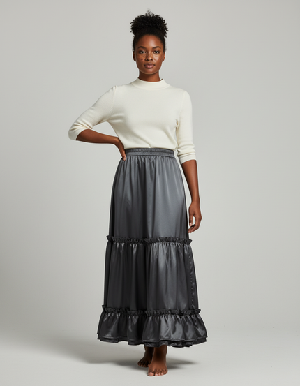 Jupe Longue Satinée Fluide À Volants