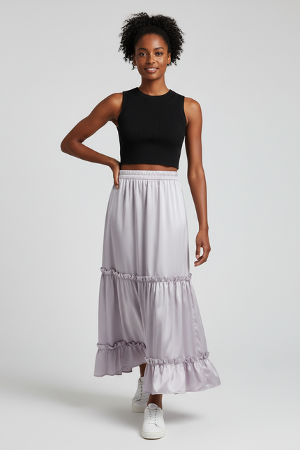 Jupe Longue Satin Volants Chic