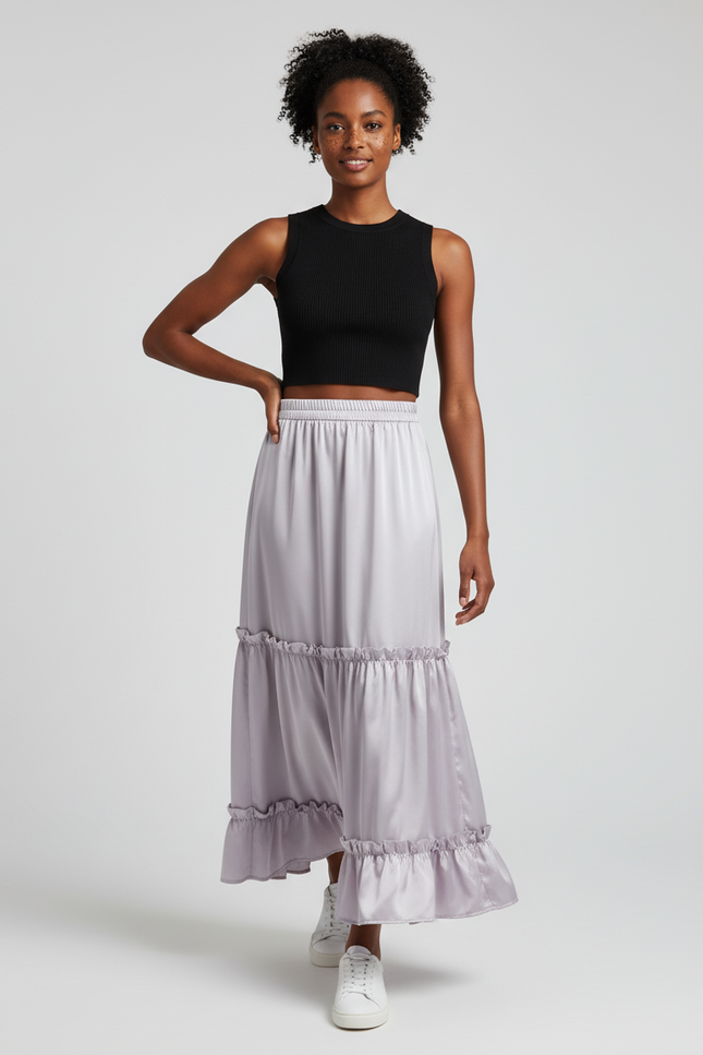 Jupe Longue Satin Volants Chic