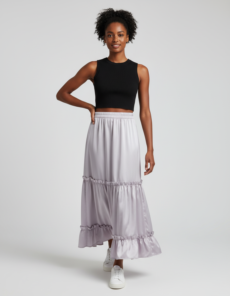 Jupe Longue Satin Volants Chic