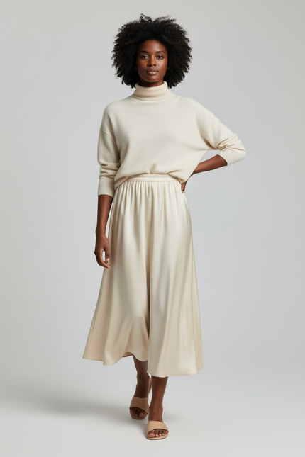 Jupe Longue Crème Fluide Élégante Mode