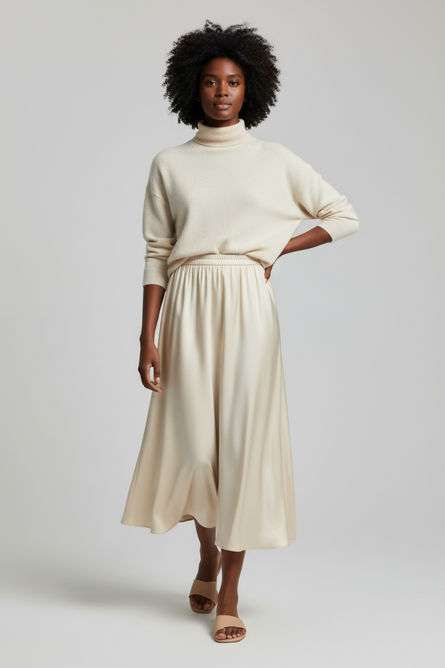 Jupe Longue Crème Fluide Élégante Mode