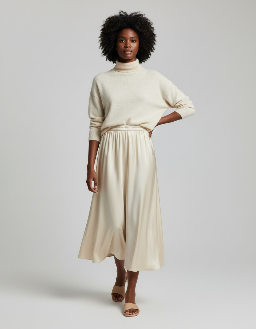 Jupe Longue Crème Fluide Élégante Mode