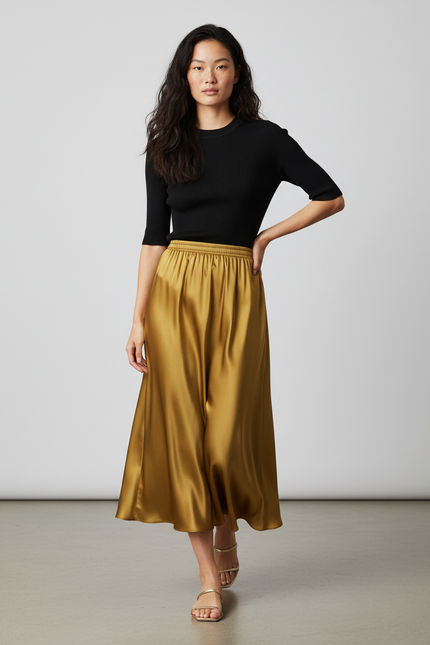 Jupe Longue Dorée Soie Plissée