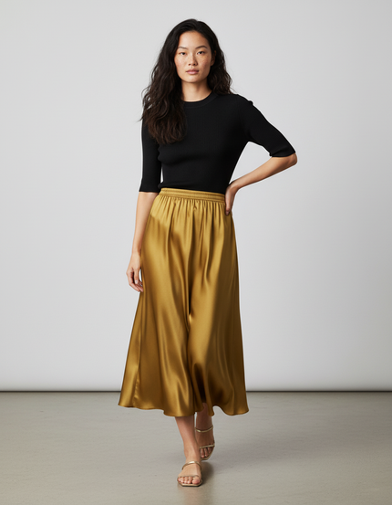 Jupe Longue Dorée Soie Plissée