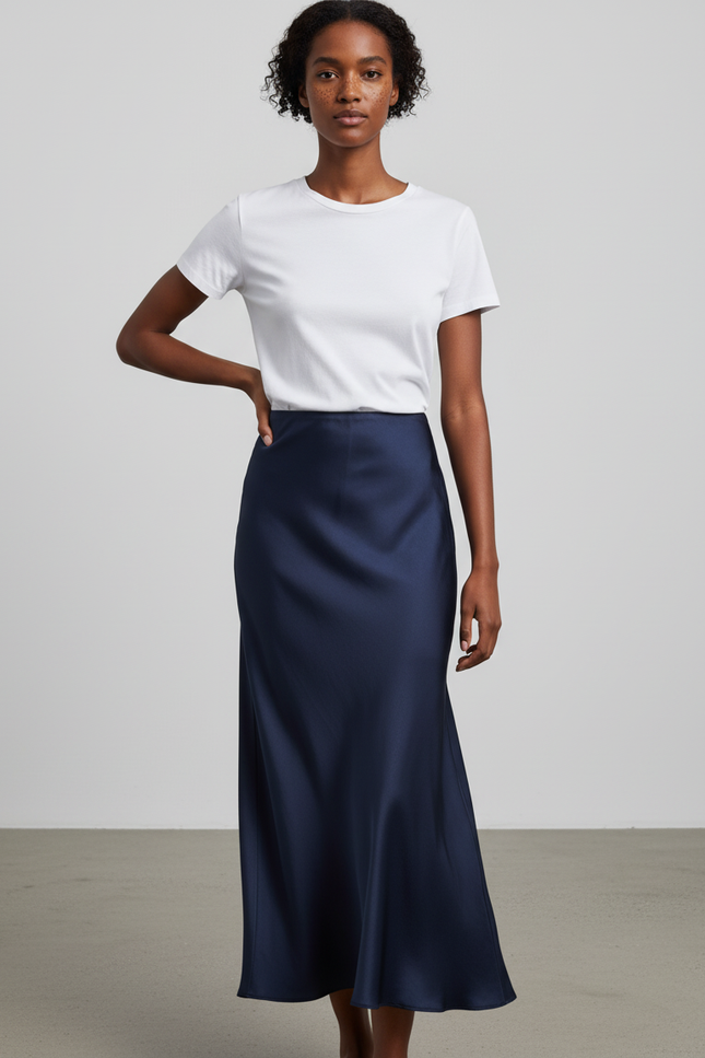 Jupe Longue Bleu Marine Satinée Fluide