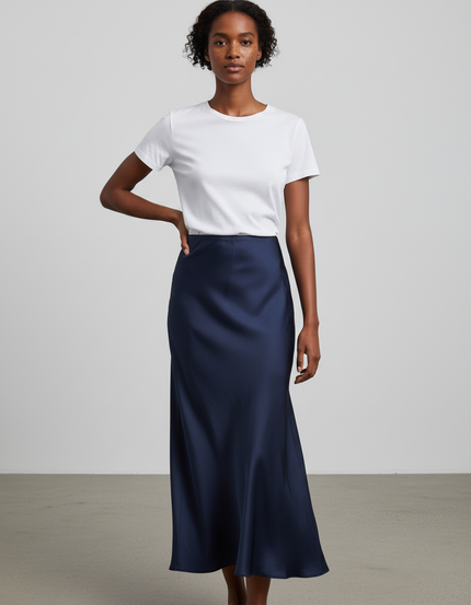 Jupe Longue Bleu Marine Satinée Fluide