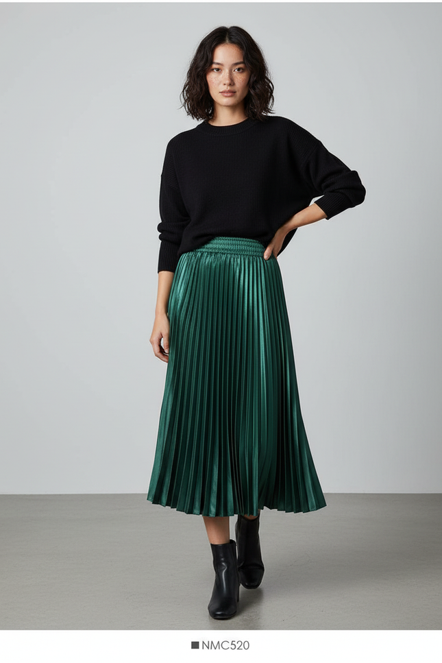 Jupe Longue Satinée Plissée Élégante Mode