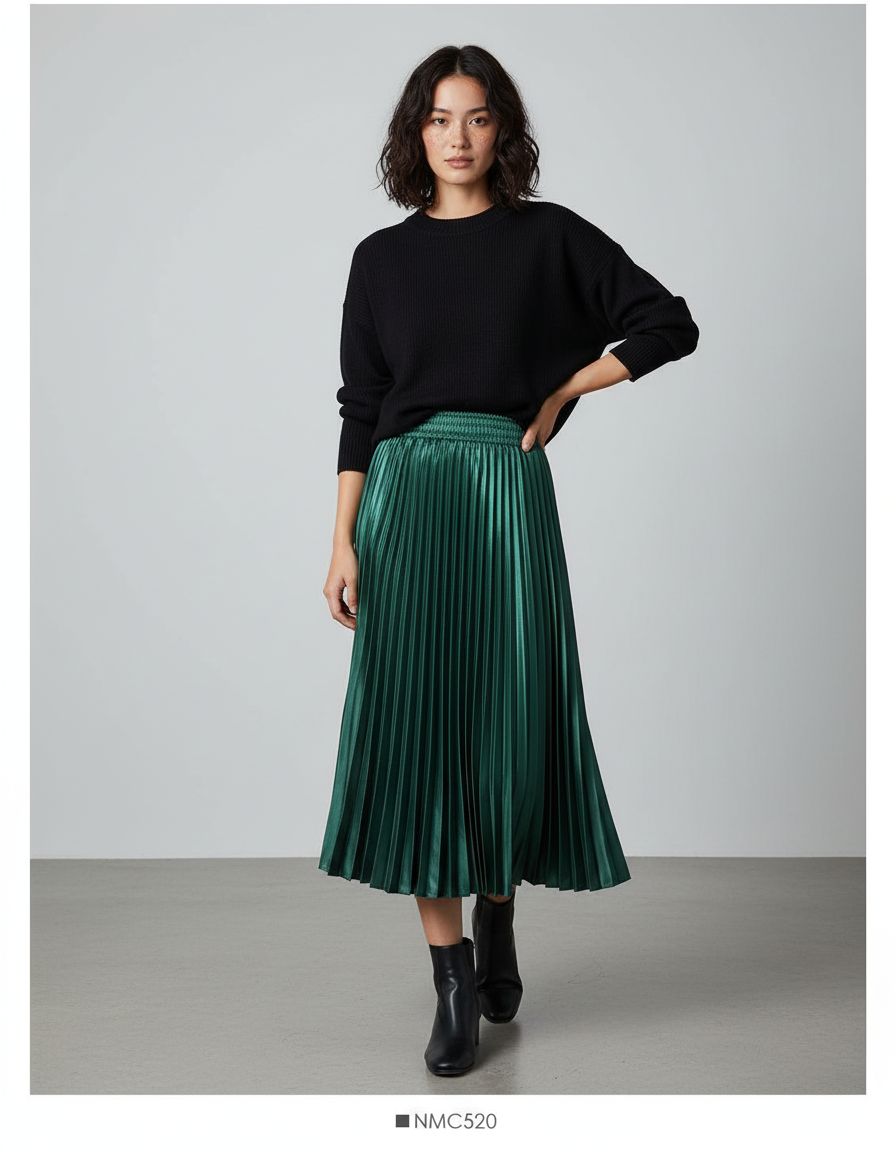 Jupe Longue Satinée Plissée Élégante Mode