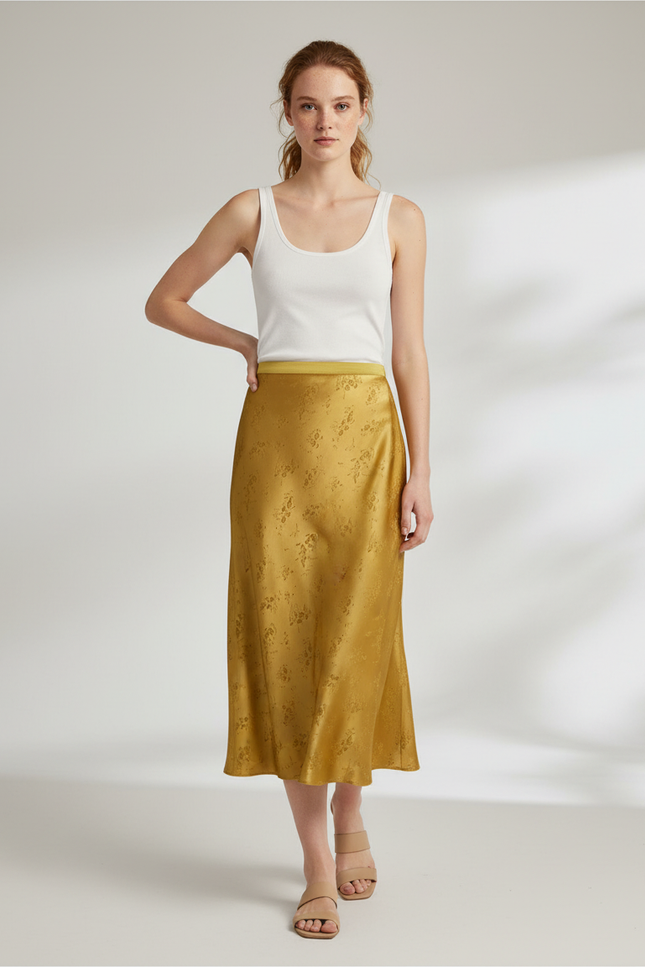 Jupe Longue Satin Jacquard Dorée Élégante