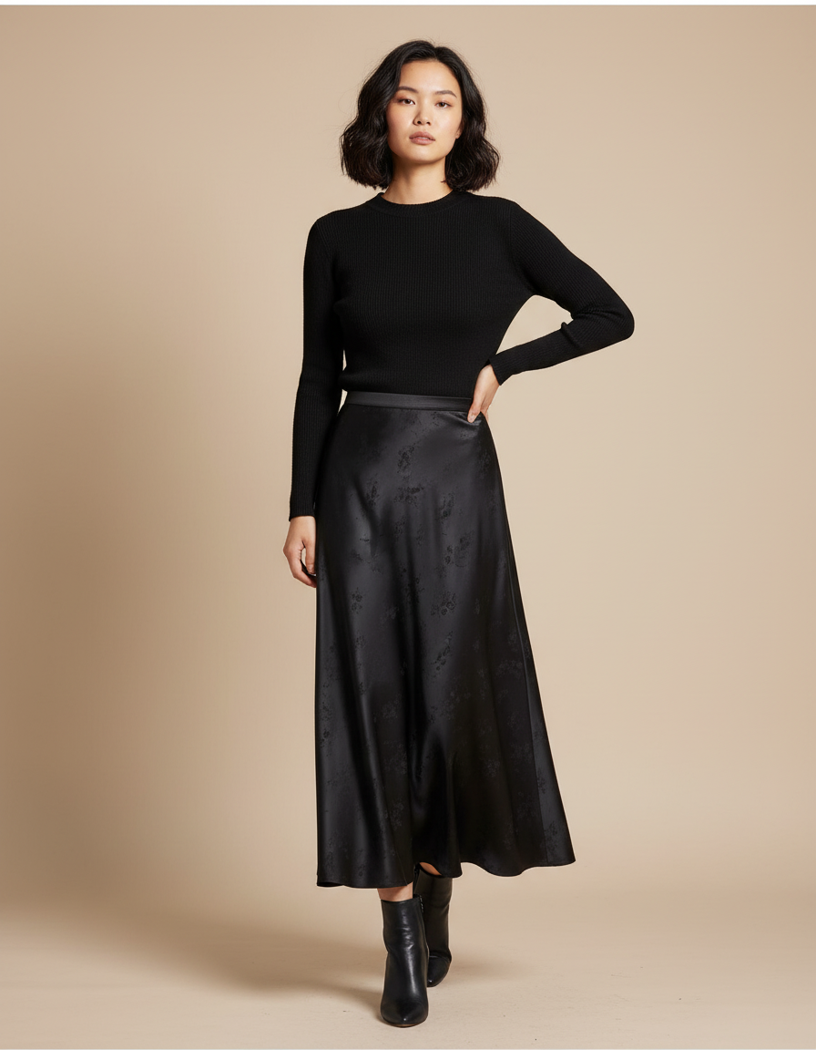 Jupe Longue Satin Jacquard Noire Élégante