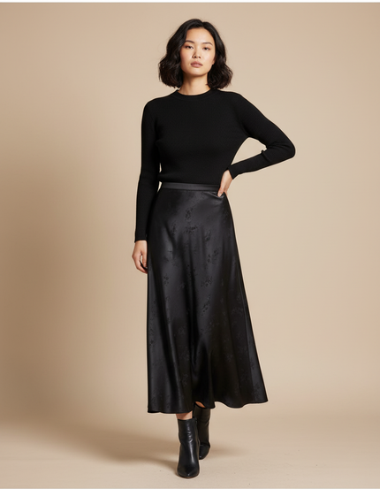 Jupe Longue Satin Jacquard Noire Élégante