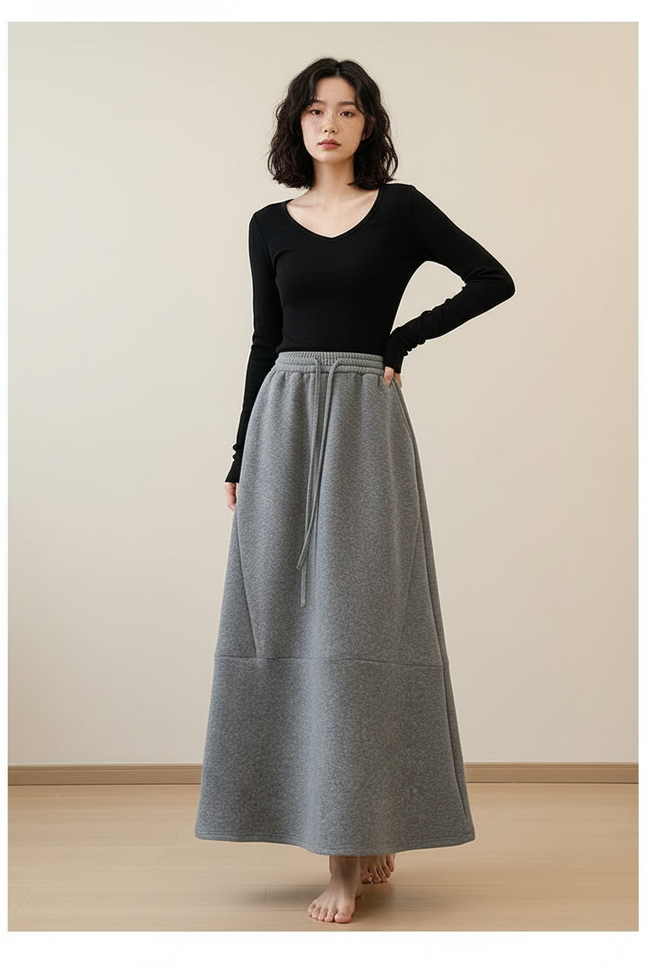 Jupe Longue Grise Molletonnée Décontractée