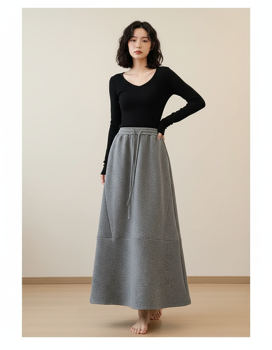 Jupe Longue Grise Molletonnée Décontractée