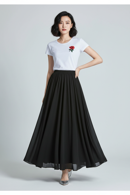 Jupe Longue Noire Fluide Élégante Mode Chic