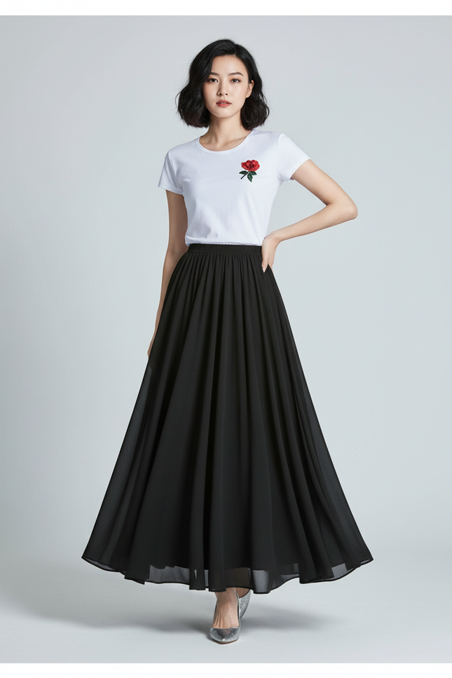 Jupe Longue Noire Fluide Élégante Mode Chic