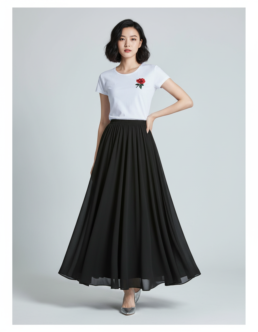 Jupe Longue Noire Fluide Élégante Mode Chic