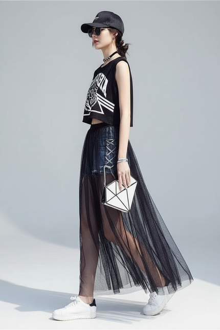 Jupe Longue Jeans Noir Femme