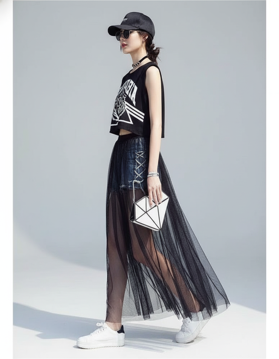 Jupe Longue Jeans Noir Femme