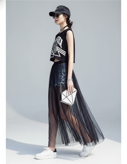 Jupe Longue Jeans Noir Femme