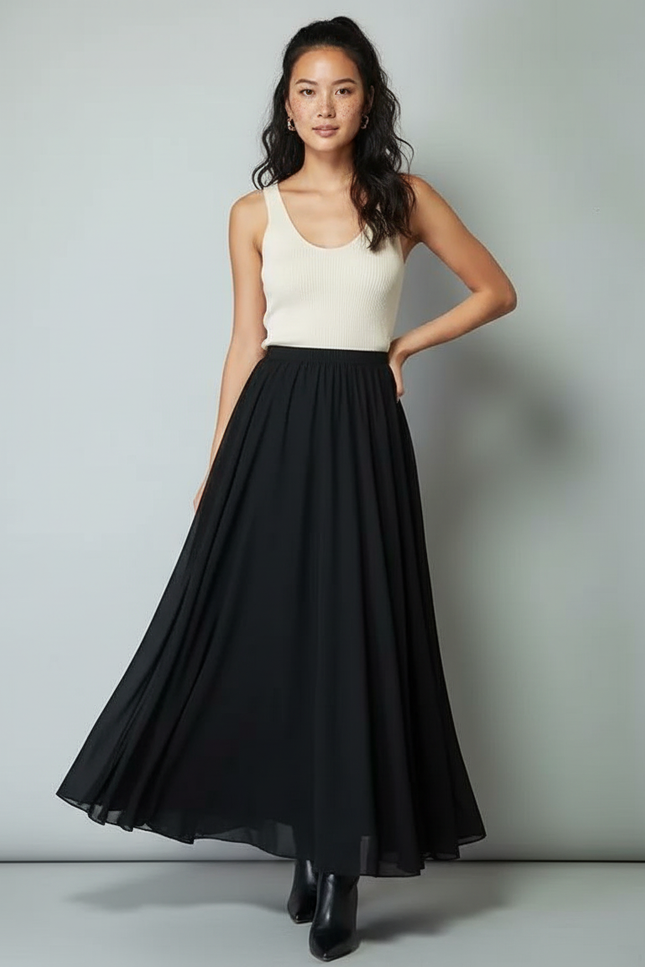 Jupe Longue Noire Fluide Élégante Femme