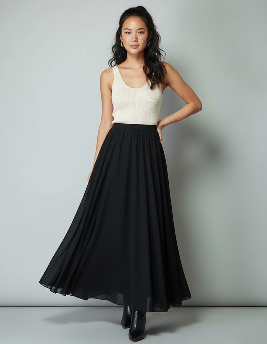 Jupe Longue Noire Fluide Élégante Femme