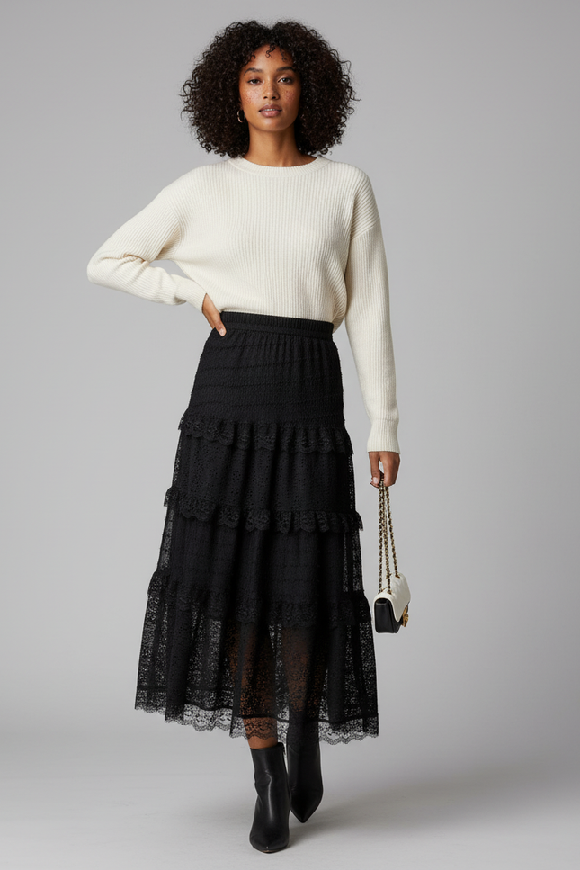 Jupe Longue Noire Dentelle Élégante Soirée Femme