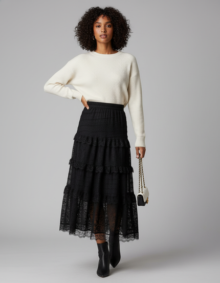 Jupe Longue Noire Dentelle Élégante Soirée Femme