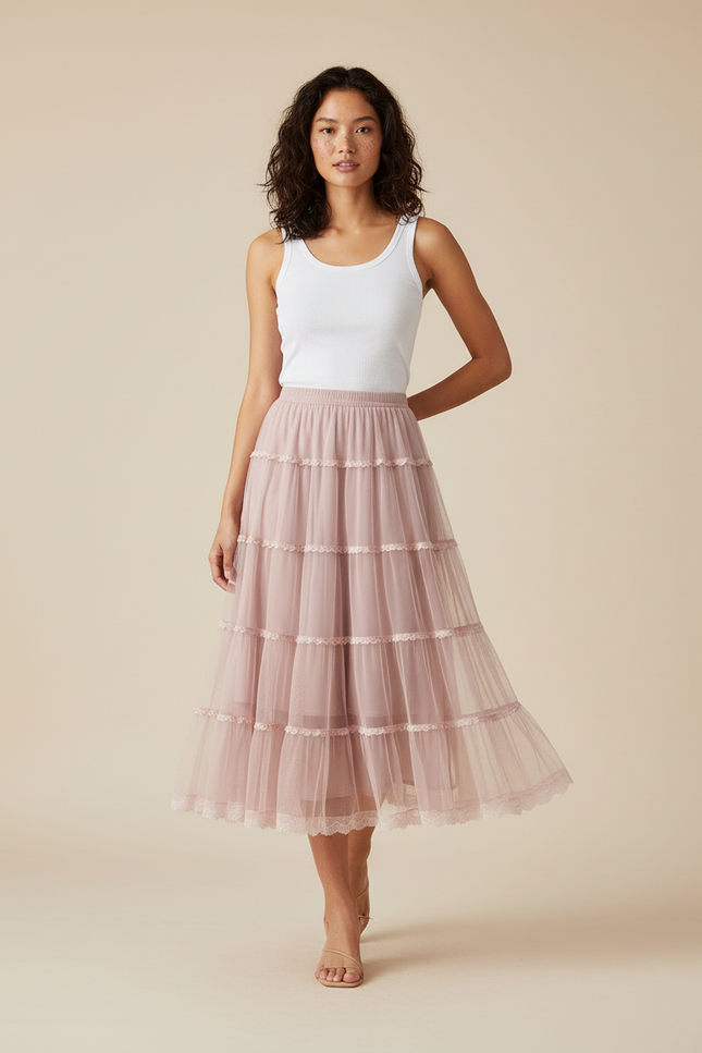 Jupe Longue Rose Poudré Tulle À Volants Fluide