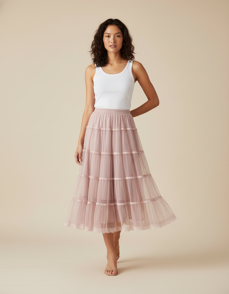 Jupe Longue Rose Poudré Tulle À Volants Fluide