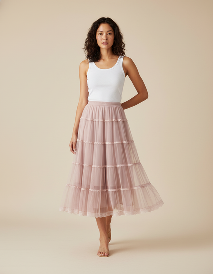 Jupe Longue Rose Poudré Tulle À Volants Fluide