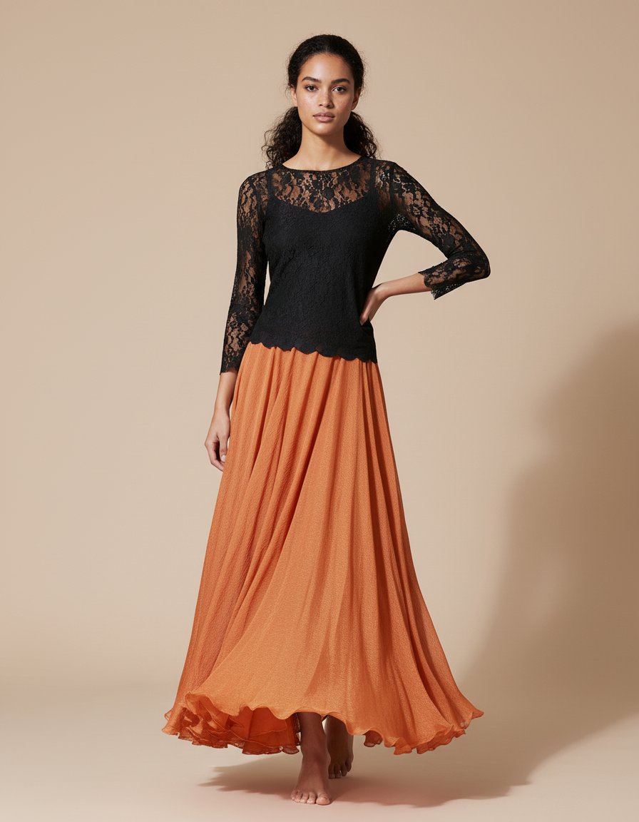 Jupe Longue Orange Chiffon Fluide