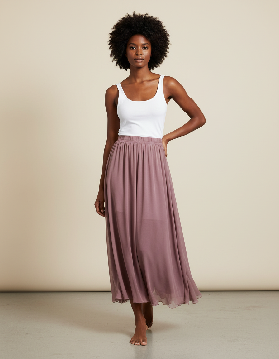 Jupe Longue Mauve Mousseline Fluide