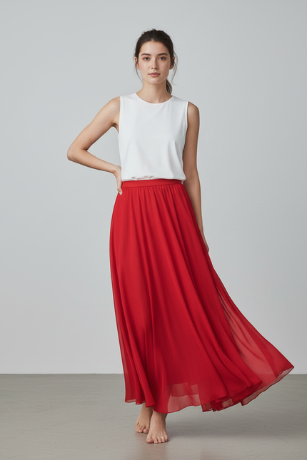 Jupe Longue Rouge Chiffon Fluide