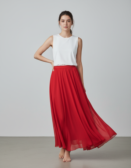 Jupe Longue Rouge Chiffon Fluide