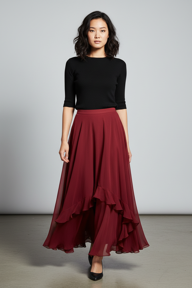 Jupe Longue Bordeaux Chiffon Fluide