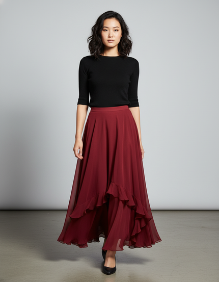 Jupe Longue Bordeaux Chiffon Fluide