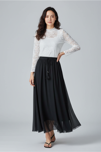 Jupe Longue Noire Mousseline Fluide