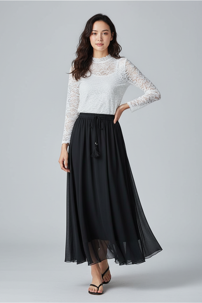 Jupe Longue Noire Mousseline Fluide