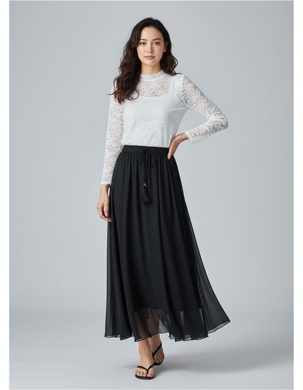 Jupe Longue Noire Mousseline Fluide