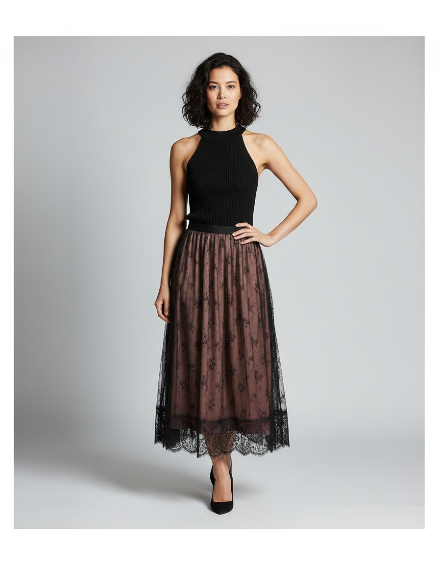 Jupe Longue Rose Dentelle Noire Élégante