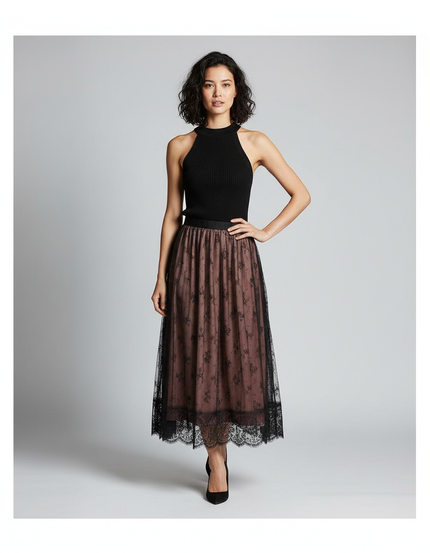 Jupe Longue Rose Dentelle Noire Élégante