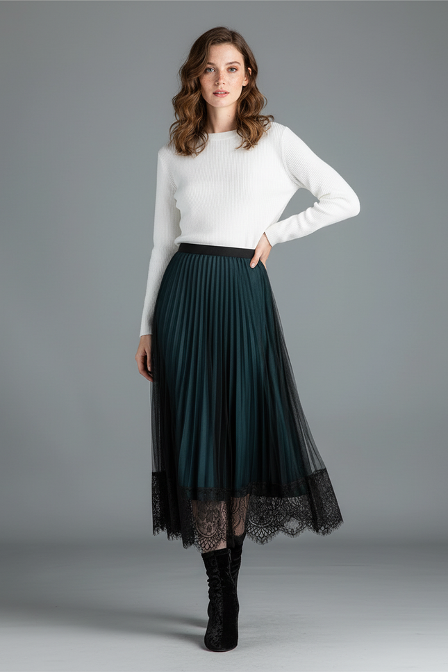 Jupe Longue Vert Émeraude Dentelle Plissée
