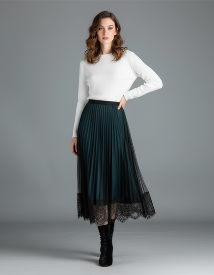 Jupe Longue Vert Émeraude Dentelle Plissée