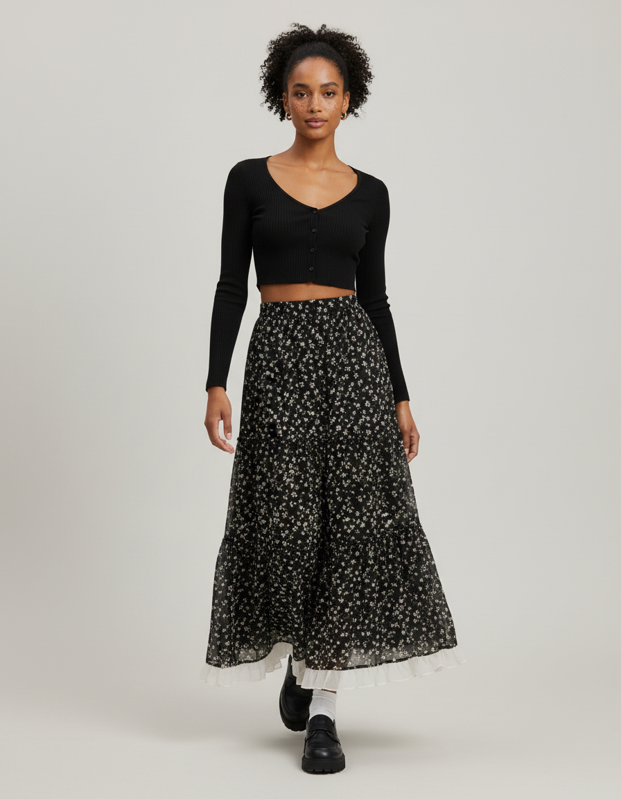 Jupe Longue Fleurie Superposée Élégante
