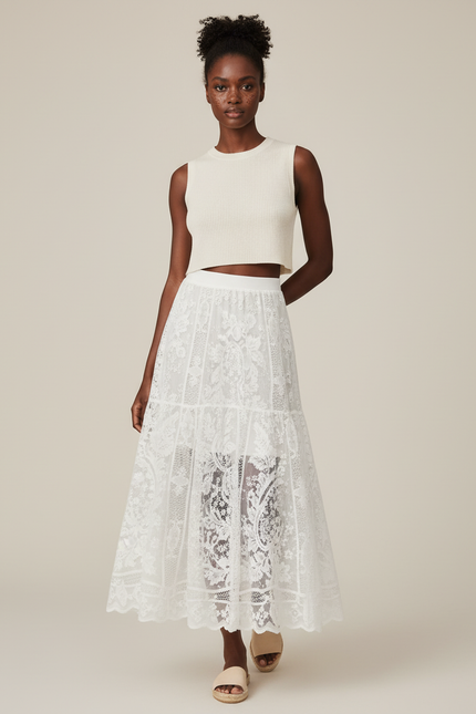 Jupe Longue Blanche Dentelle Élégante Mariage Femme