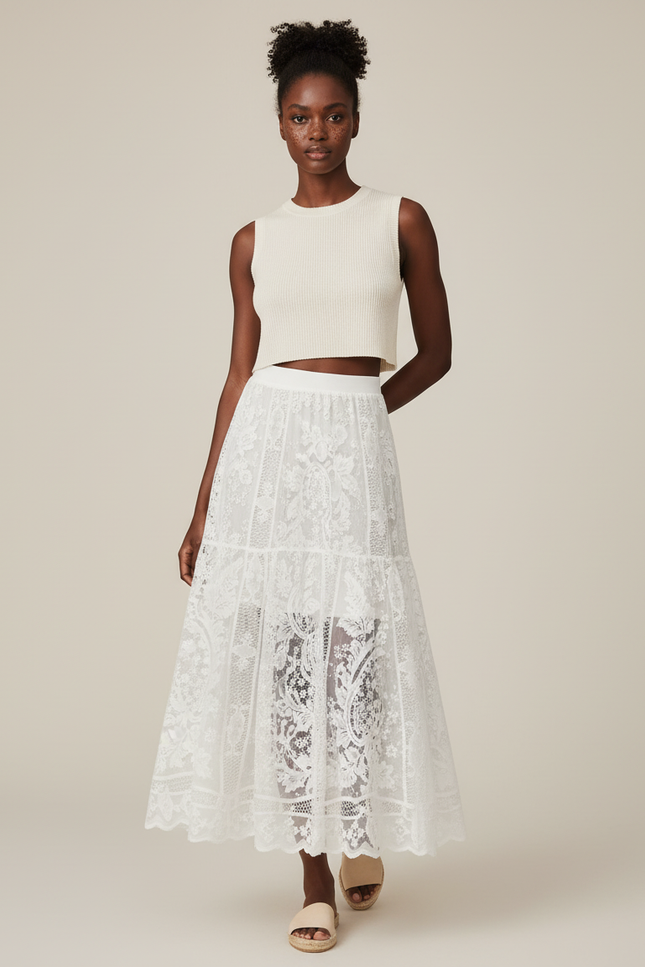 Jupe Longue Blanche Dentelle Élégante Mariage Femme