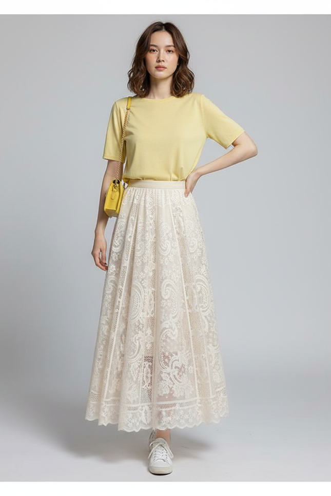 Jupe Longue Dentelle Écru Élégante