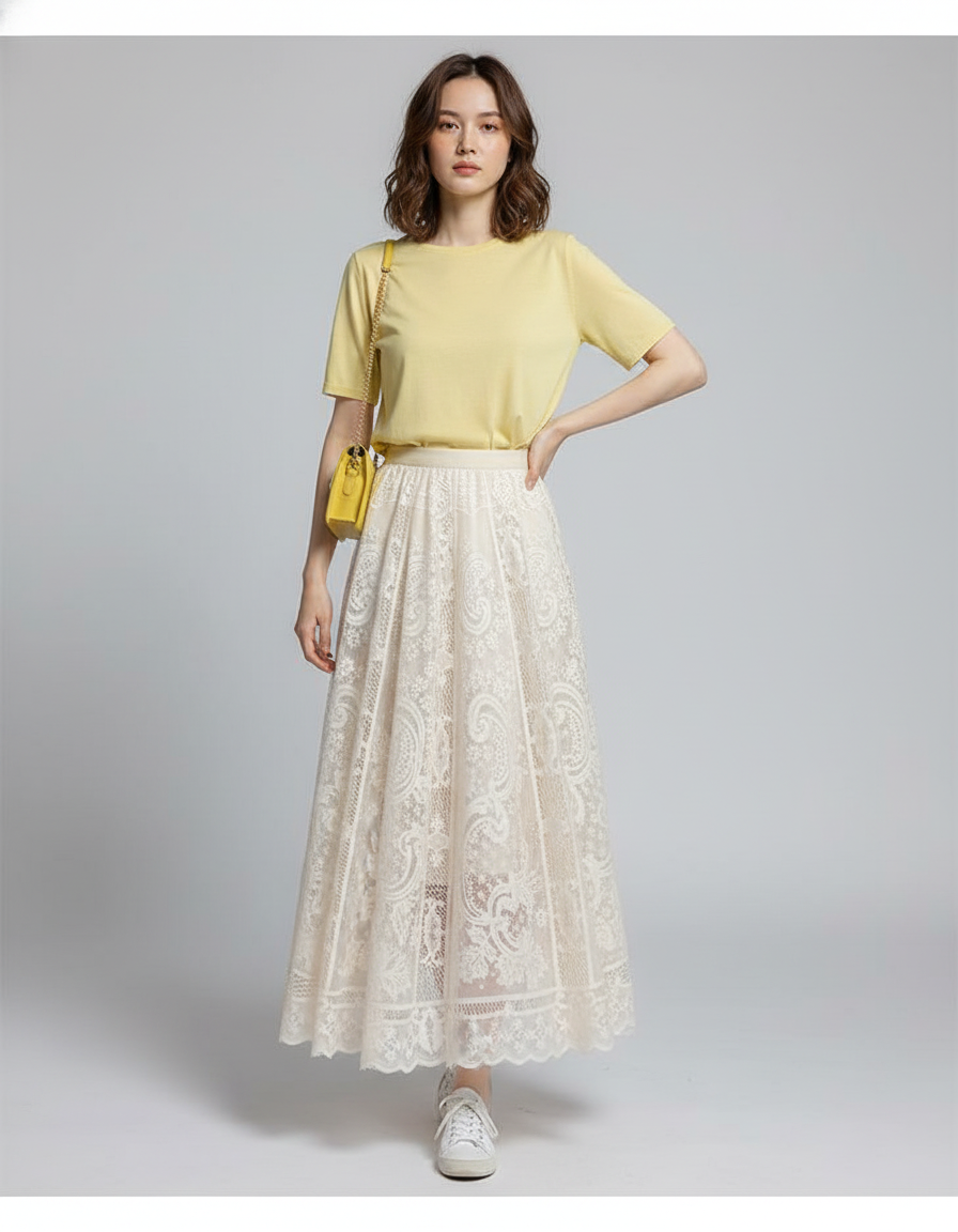 Jupe Longue Dentelle Écru Élégante